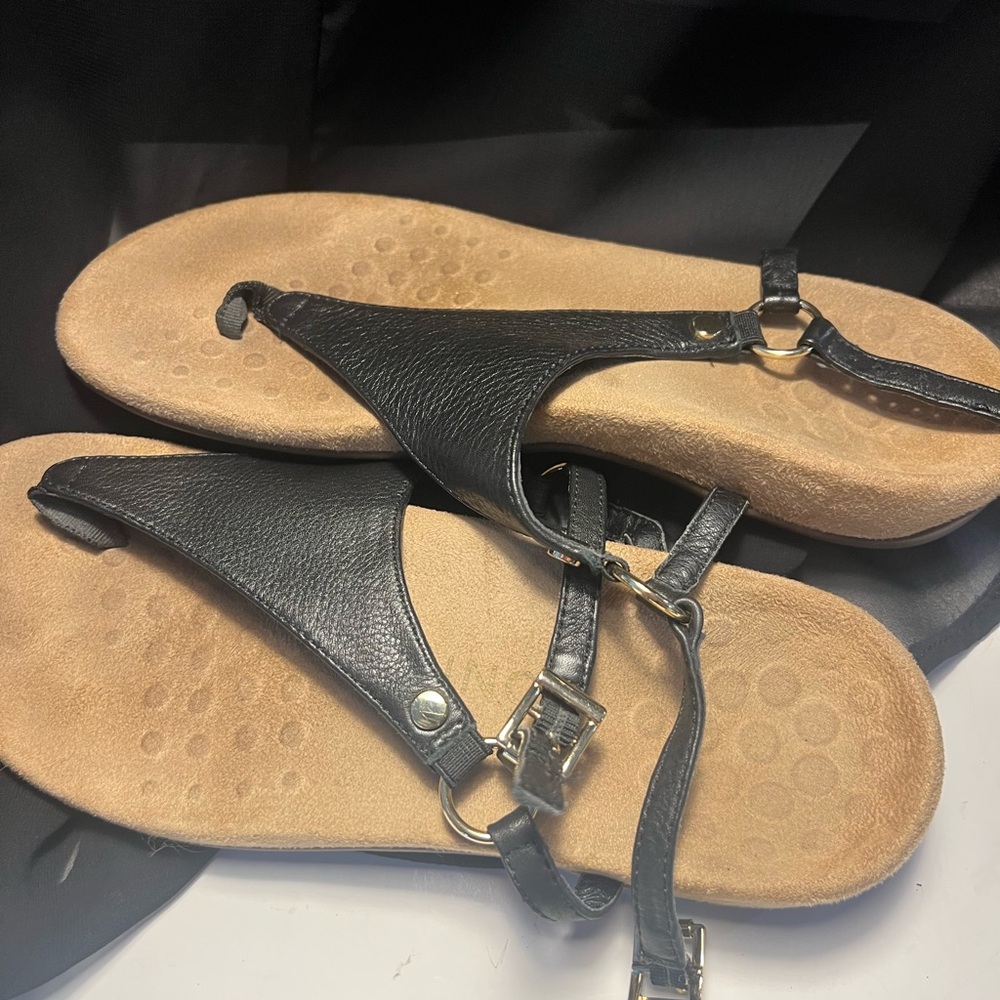 Vionic Black and Tan Sandals with Cork Footbed